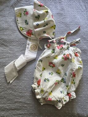 Baby Floral Cotton Bonnet and Romper Set - White with Pink & Yellow Flowers